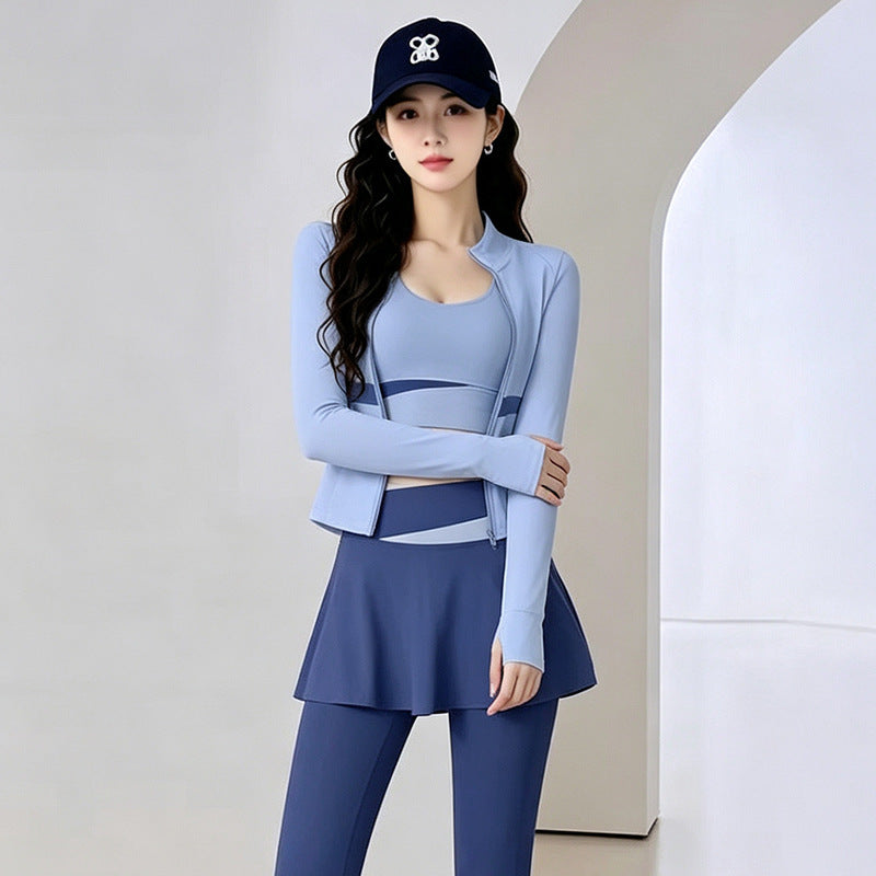 Womens Color-Block Stand-Neck Zipper Yoga Three-Piece Set