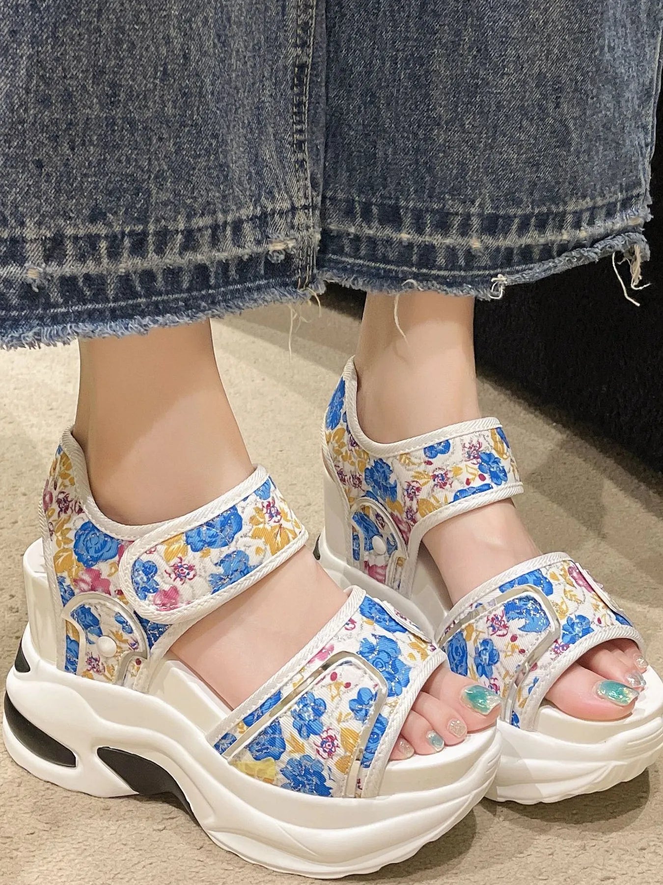 Floral Platform Wedge Sandals with Velcro
