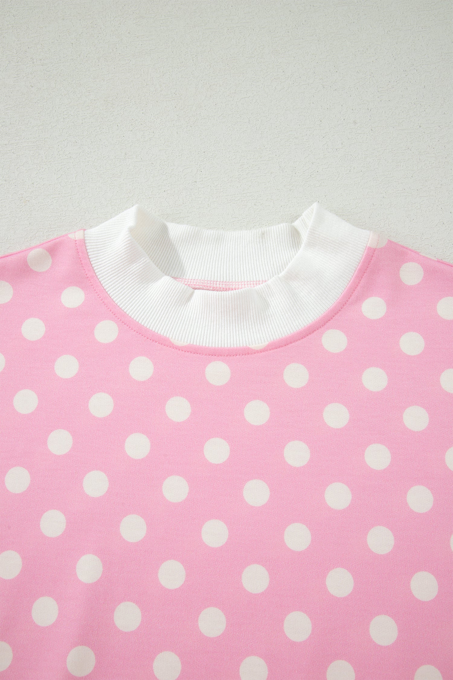 Pink Polka Dot Print Color Block Trim Mock Neck Short Set