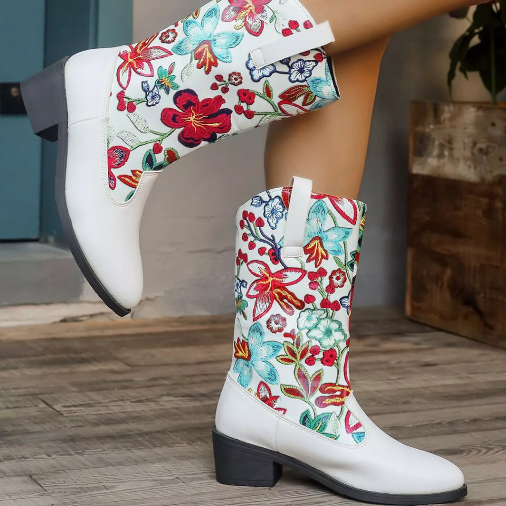 Floral Block Heel Boots