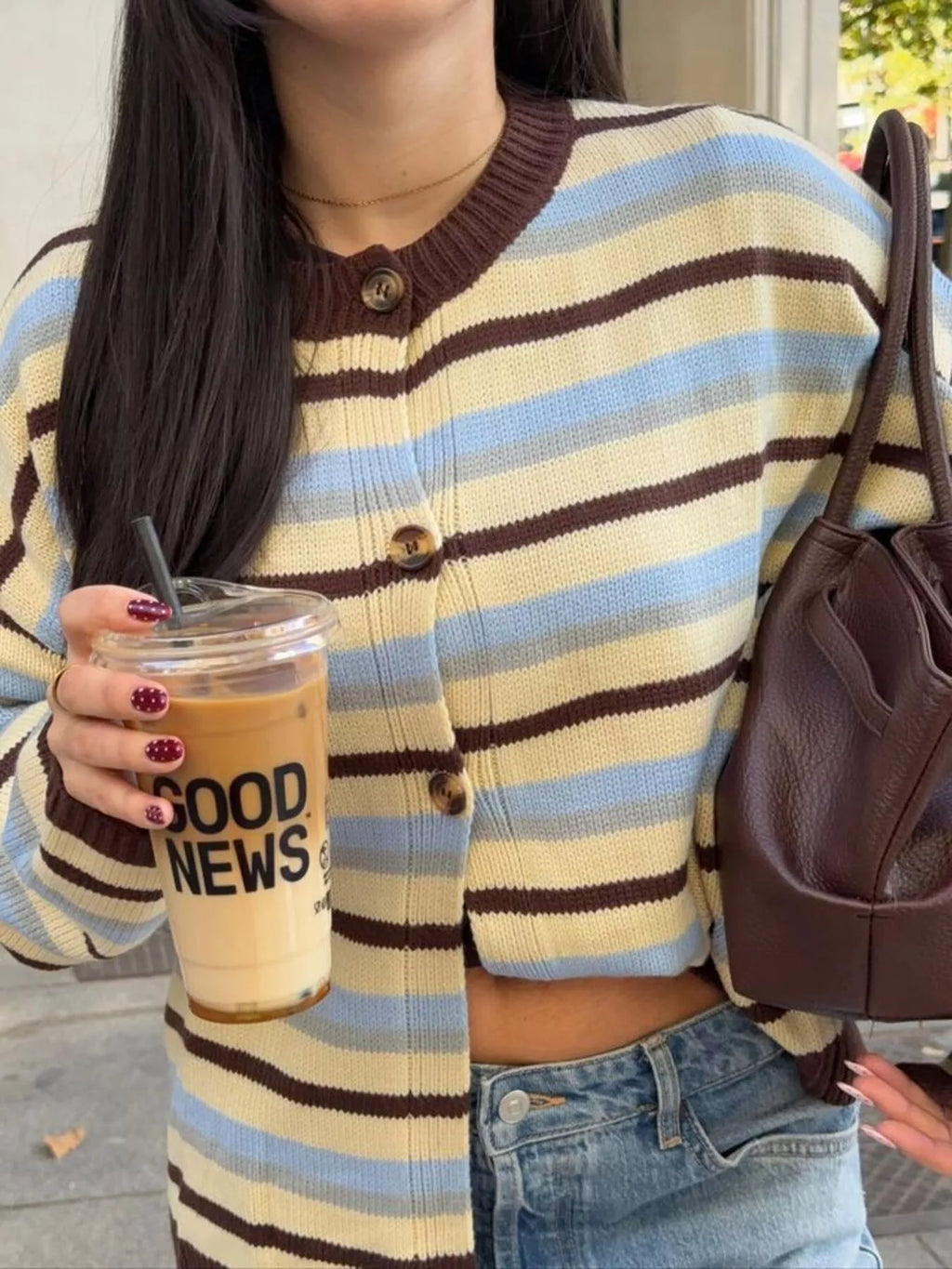 Striped Crew Neck Button-Down Cardigan