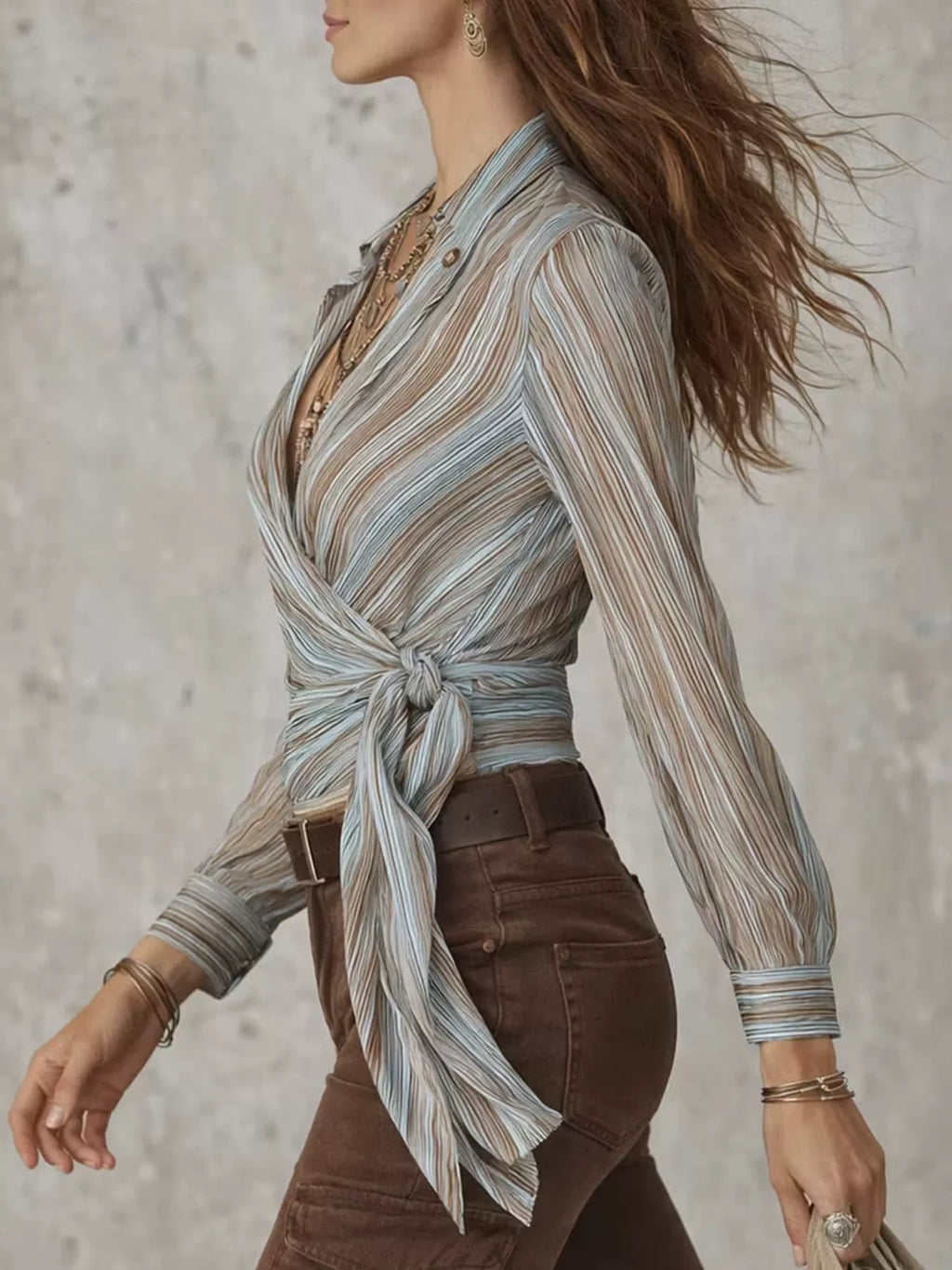 Striped Wrap Shirt with Tie-Front Detail
