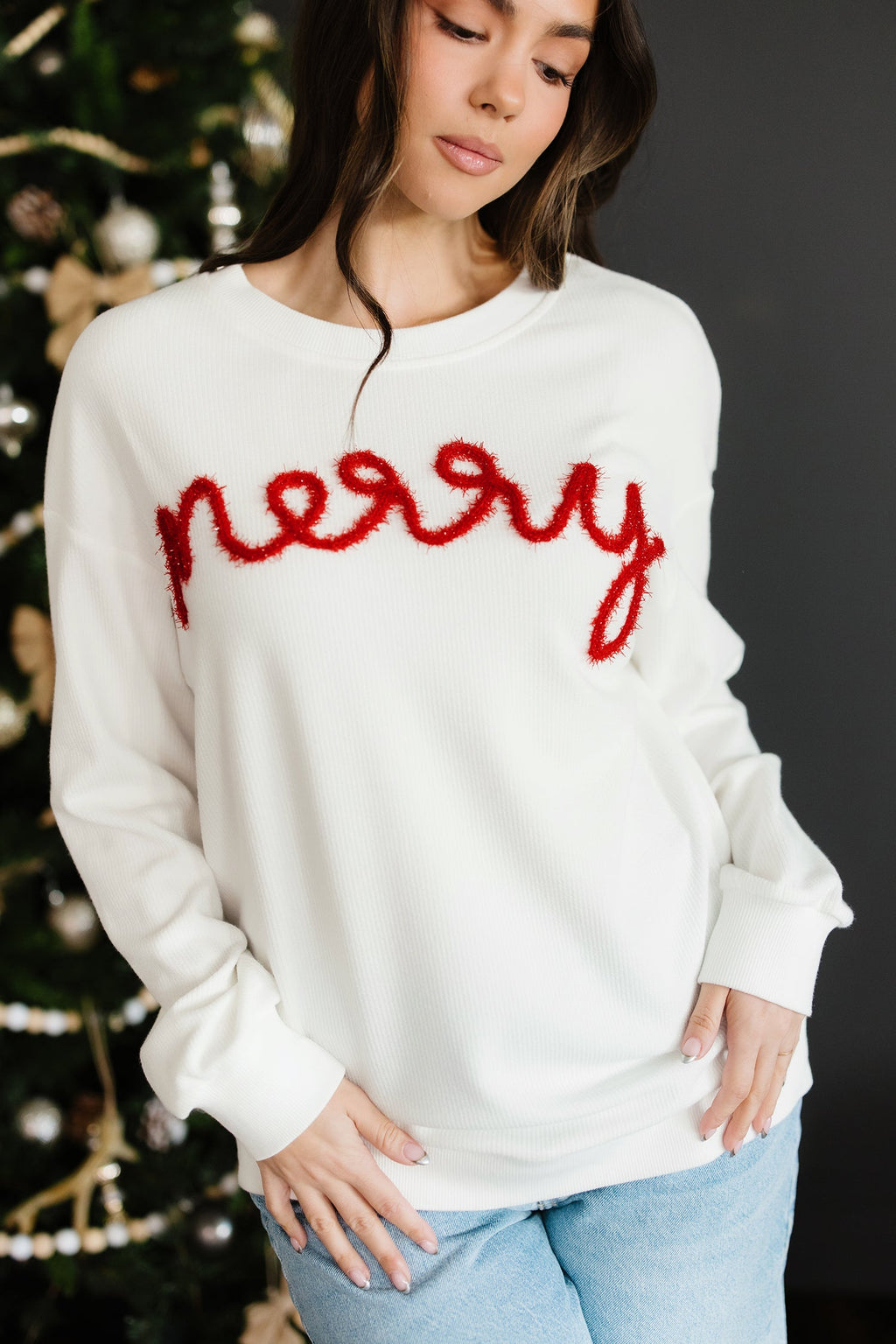 White Merry Tinsel Letter Embroidery Ribbed Drop Shoulder Sweatshirt