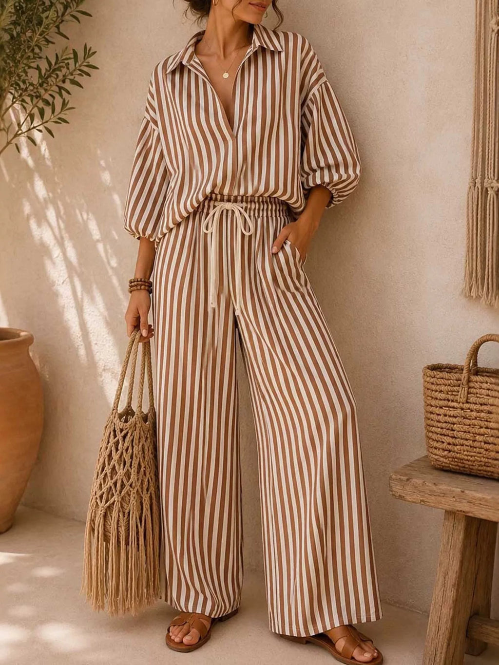 Full Size Striped Puff Sleeve Shirt and Wide-Leg Drawstring Pants Set Plus Size