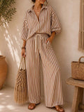 Full Size Striped Puff Sleeve Shirt and Wide-Leg Drawstring Pants Set Plus Size