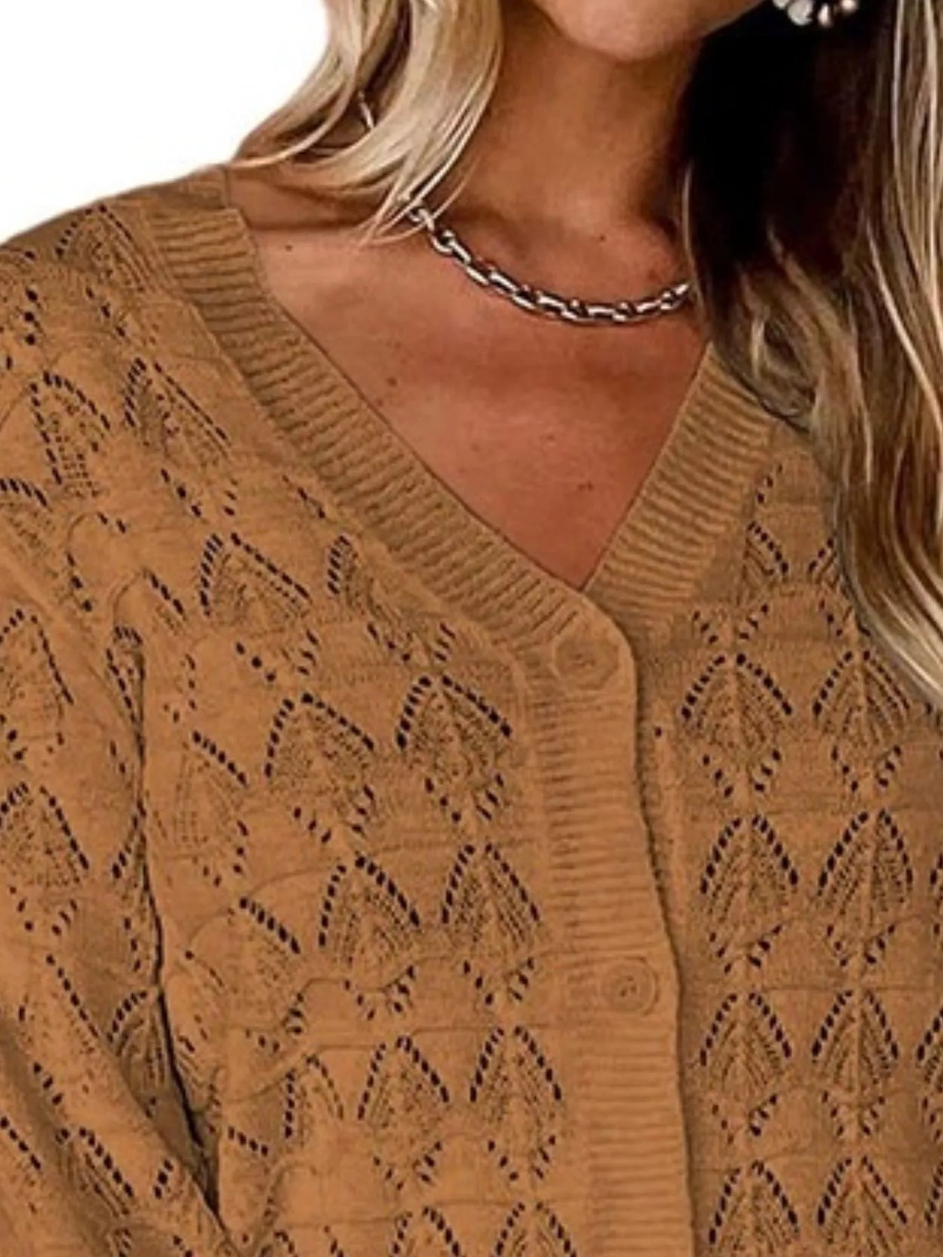 Chic V-Neck Openwork Button-Down Knit Cardigan