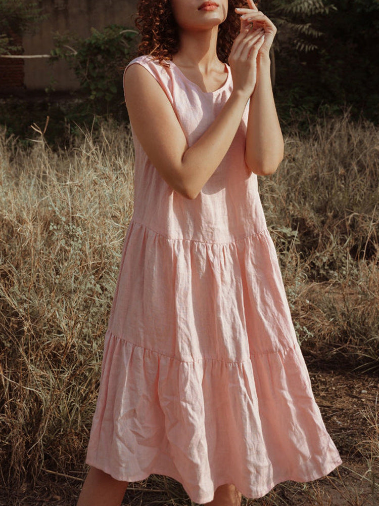 Korean Sweet Dress Summer Linen Solid Color Loose Youthful Small Vest Dress