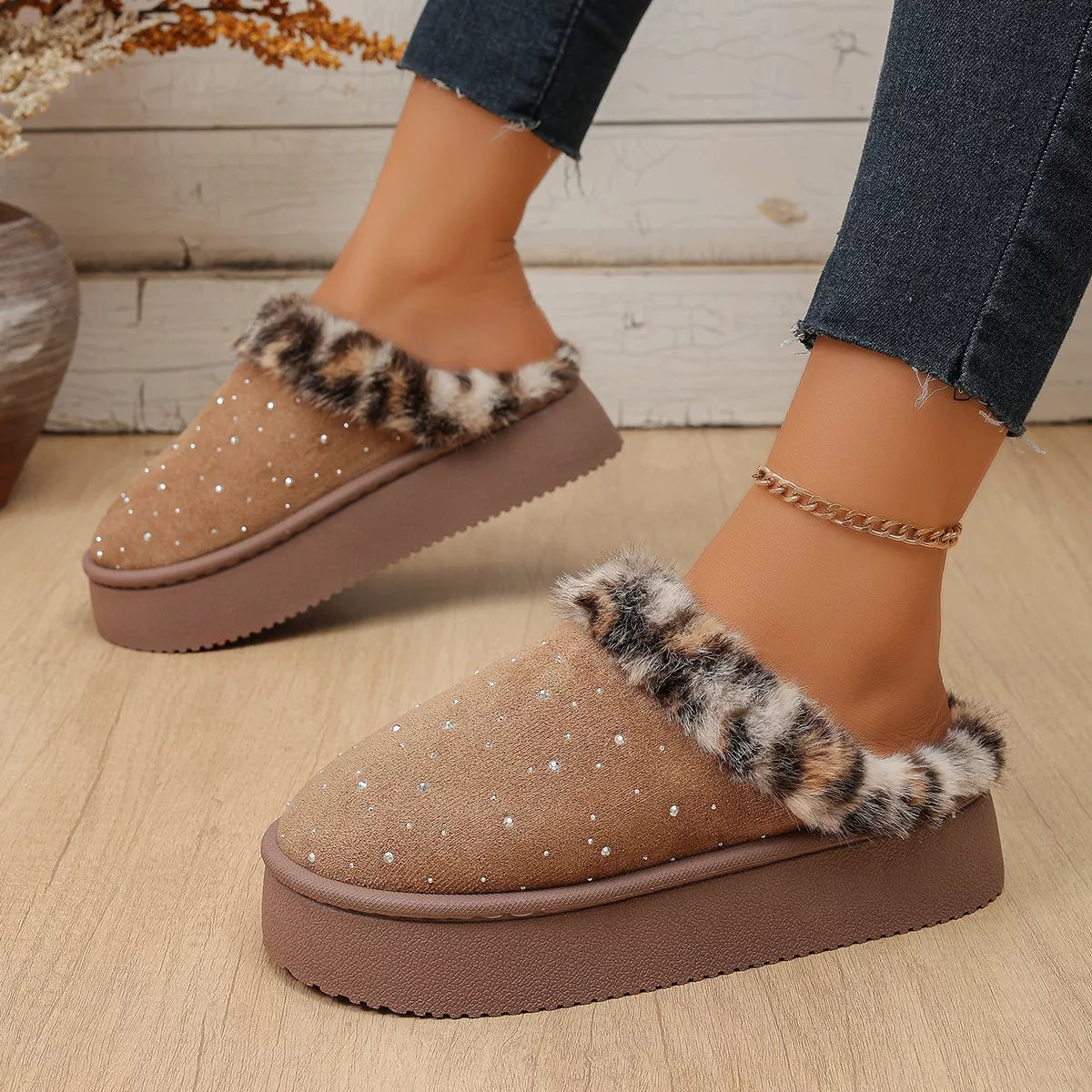Rhinestone Faux Fur Platform Slippers