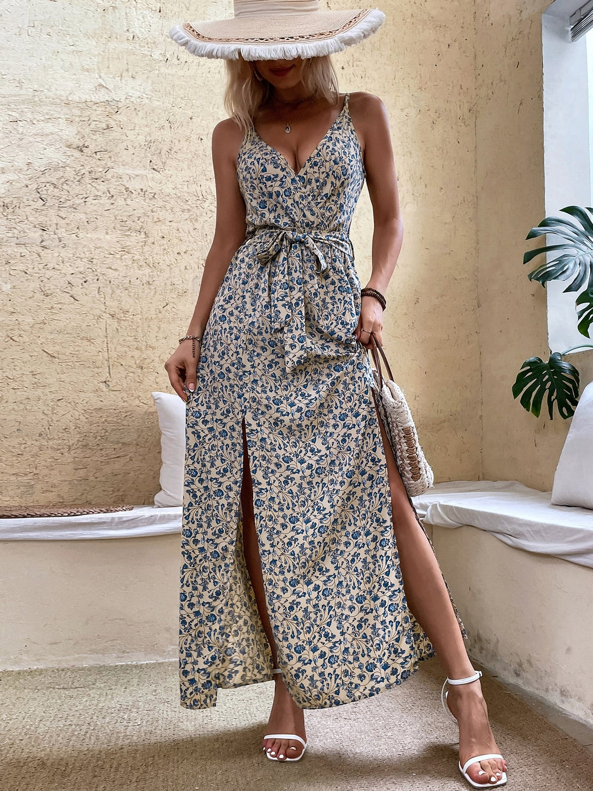 Women Summer V Neck Belt Print Sling Dress