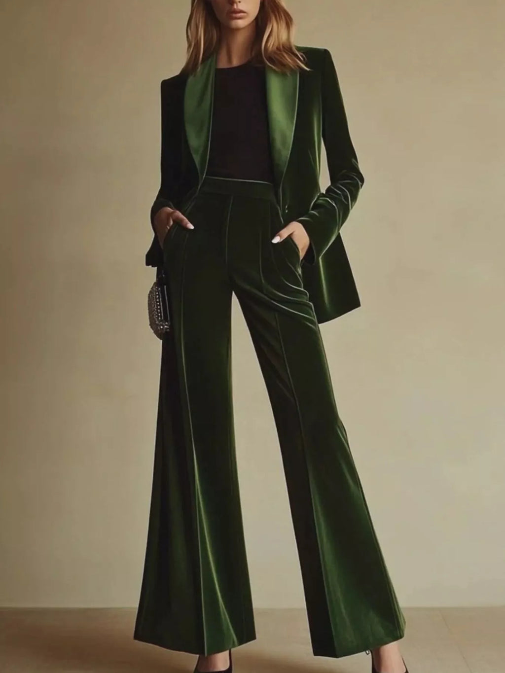 Velvet Blazer and Wide-Leg Pants Set