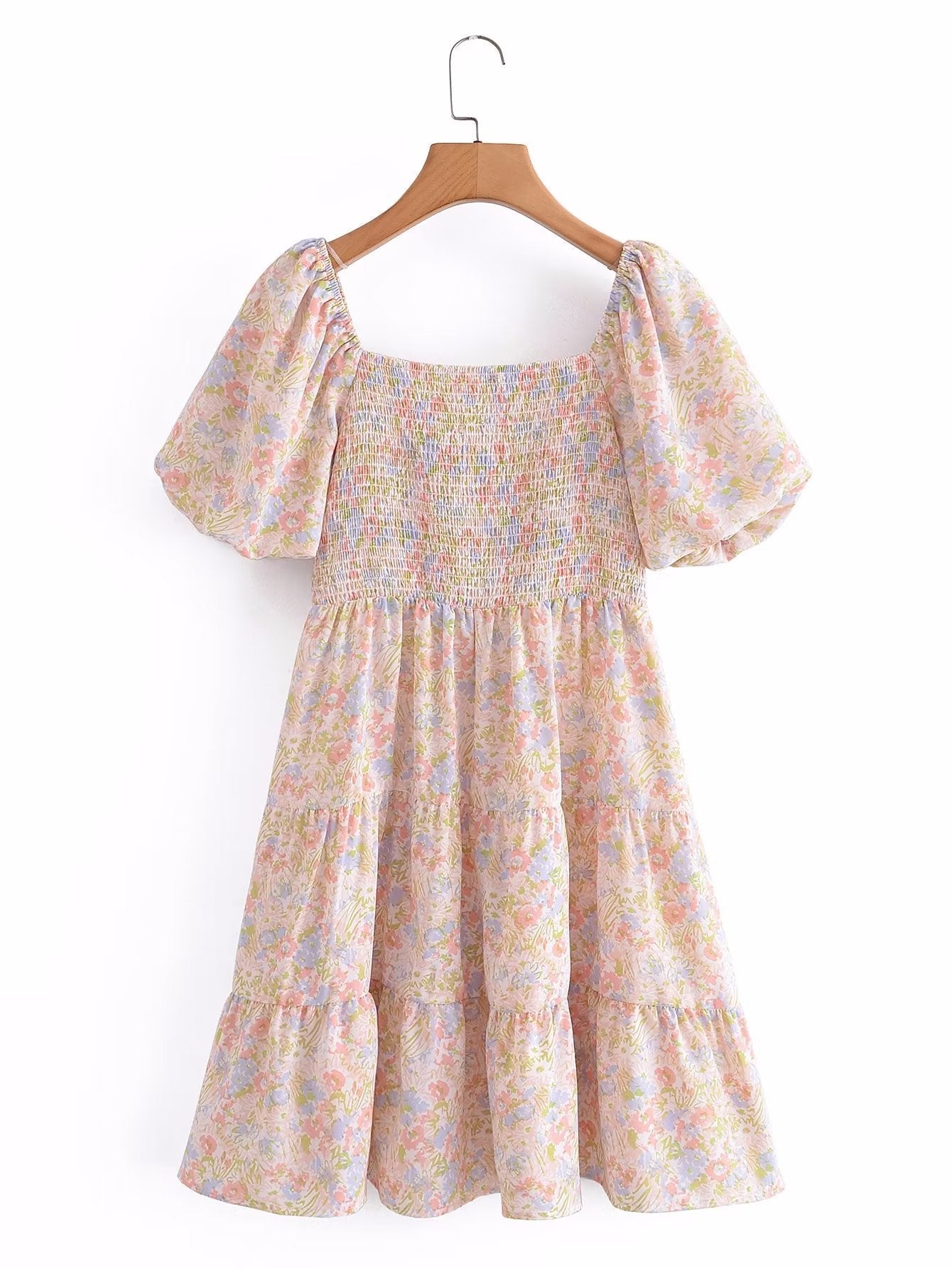 Women Casual Square Collar Elastic Summer Short Sleeve Dress Short Dress