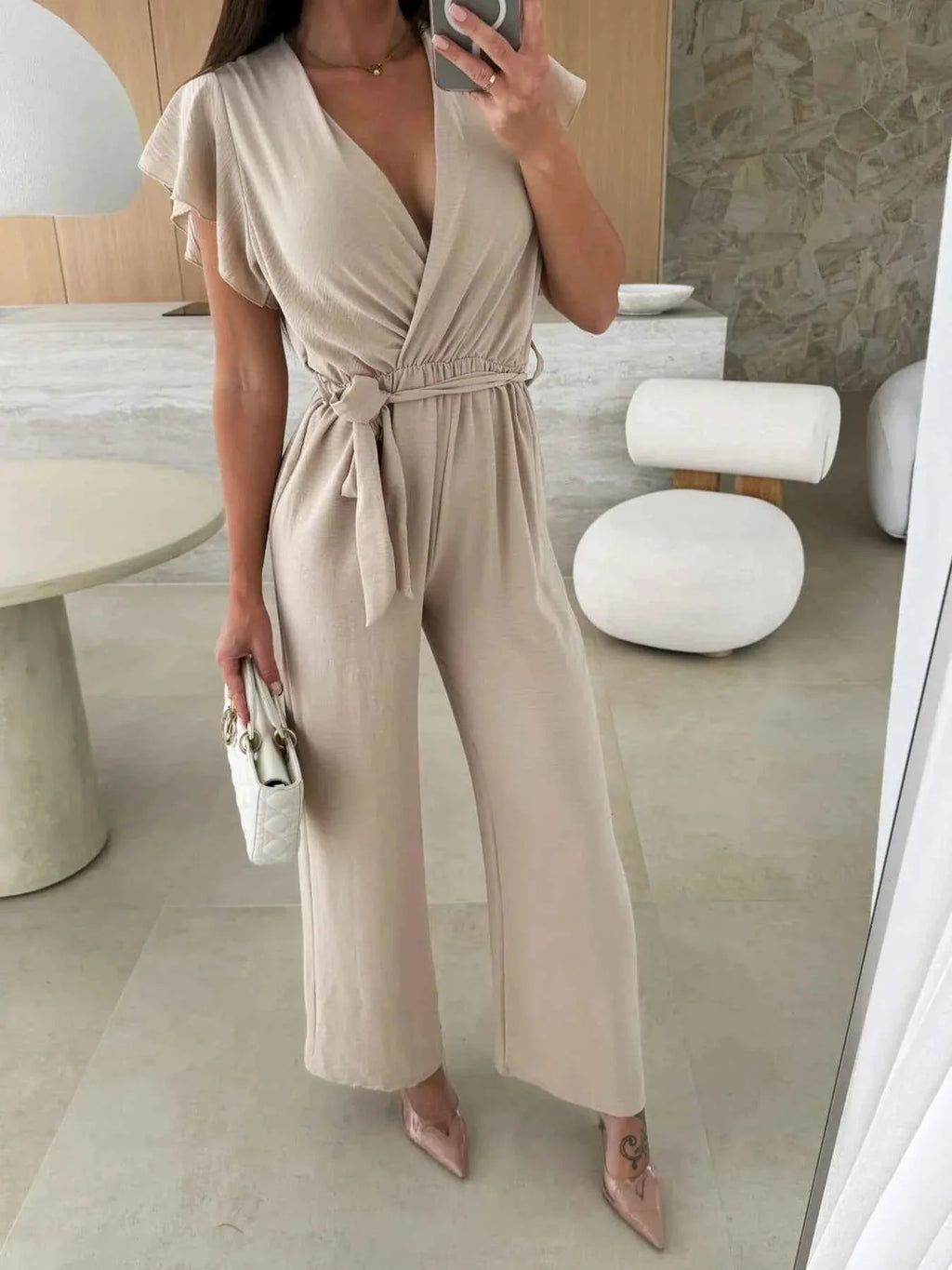Surplice Wide Leg Belted Wrap Jumpsuit with Flutter Sleeves