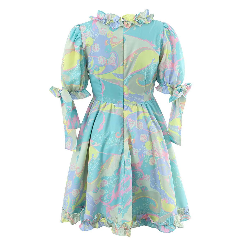 V Neck Ruffled Large Swing Dress Fresh Sweet Dress Spring Summer Lace Up Dress Women