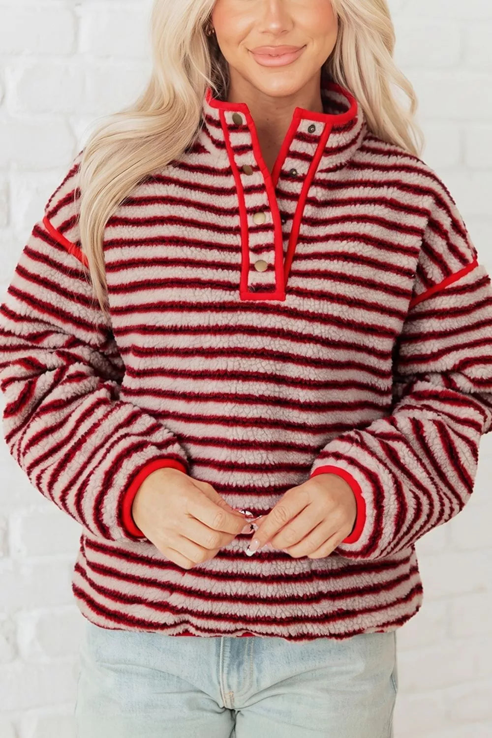 Striped Fuzzy Colorblock Button Placket Sweatshirt