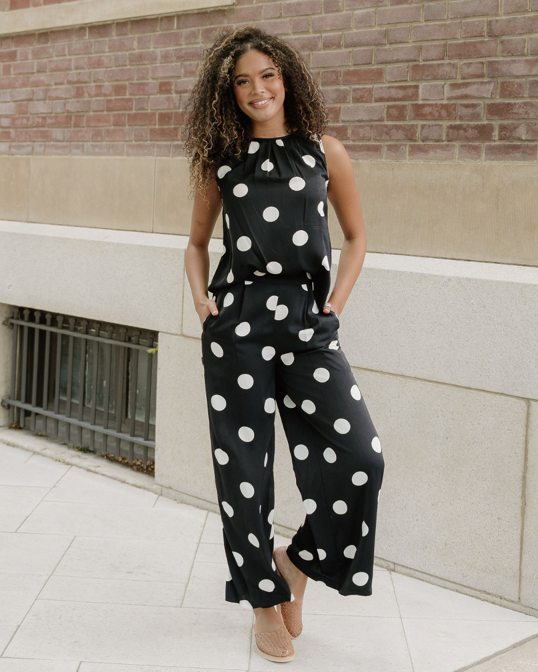 Paris Polka Dot Print Pleated Round Neck Tank Wide Leg Two-Piece Outfit