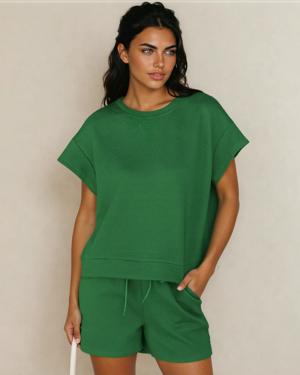 Astrid Textured Short Sleeve Top and Shorts Set - Green