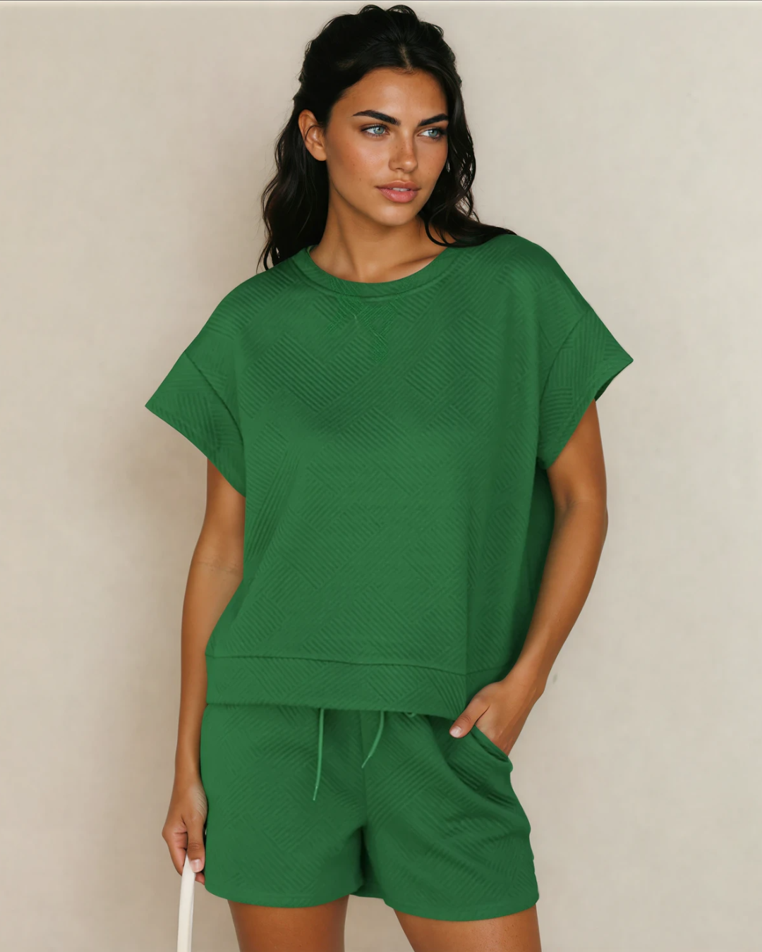 Astrid Textured Short Sleeve Top and Shorts Set - Green