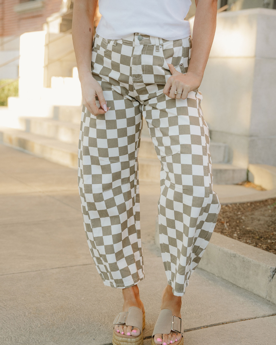 Riley Checkered Print Denim Barrel Pants