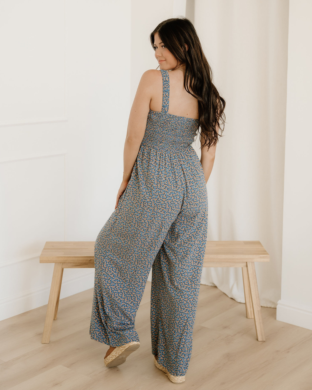 Angelica Square Neckline Stretch High Waist Jumper - Blue Floral