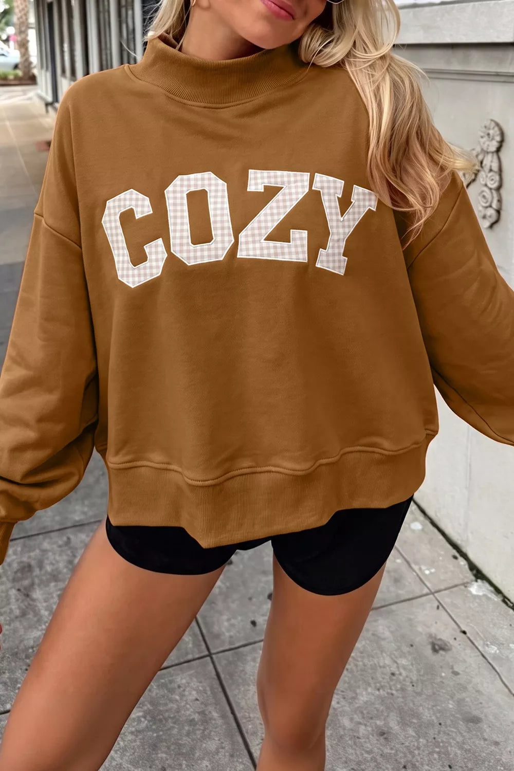 Gingham Letter Mock Neck Sweatshirt