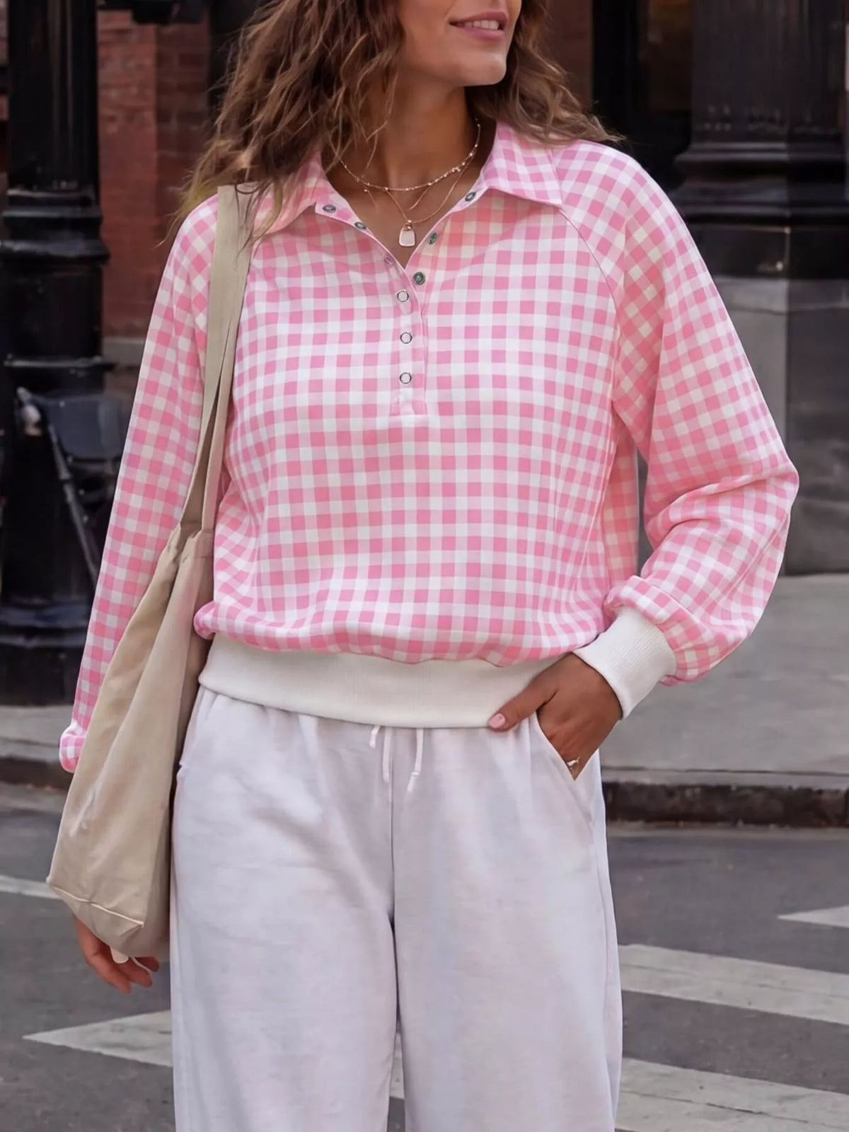 Gingham Plaid Collared Sweatshirt with Ribbed Hem