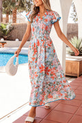 Apricot Floral Print V Neck Contrast Trim Flutter Sleeve Long Dress