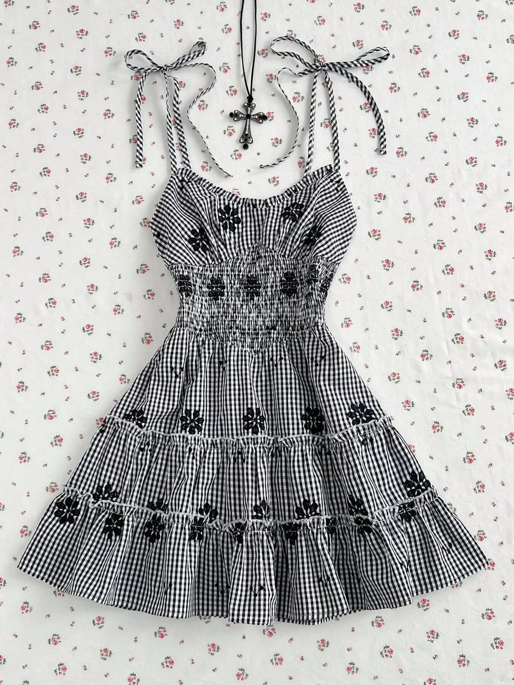 Gingham Floral Tiered Mini Dress