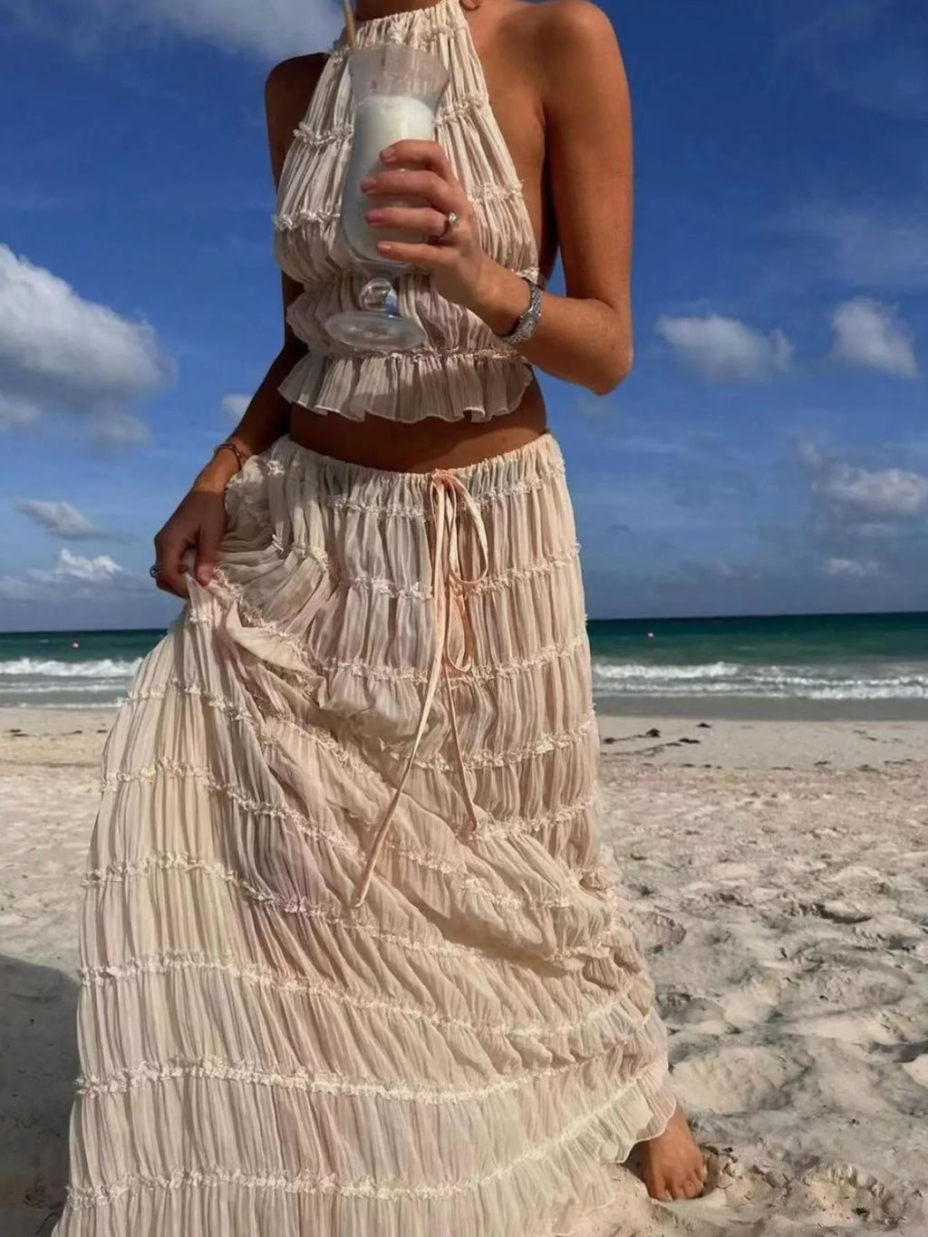 Boho Chic Ruffled Halter Crop Top and Maxi Skirt Set