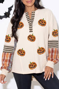 Beige Sequined Pumpkin Face Patched Henley Waffle Top