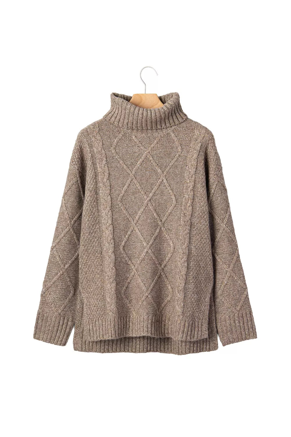 High Neck Drop Shoulder Cable Knit Regular Length Sweater