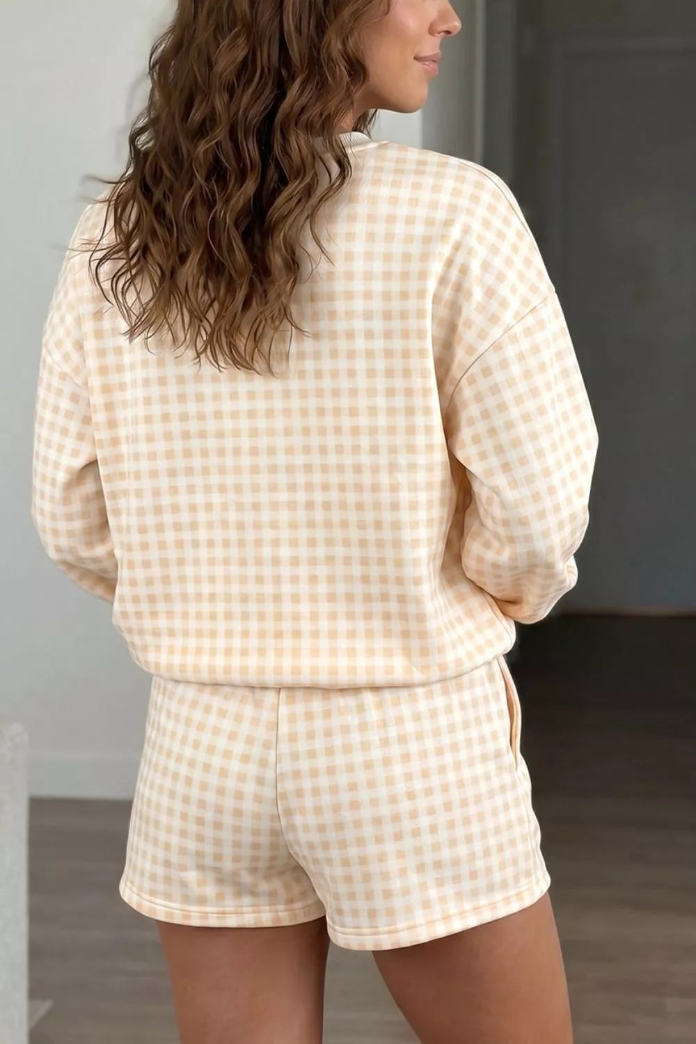 Gingham Long Sleeve Sweatshirt and Shorts Set