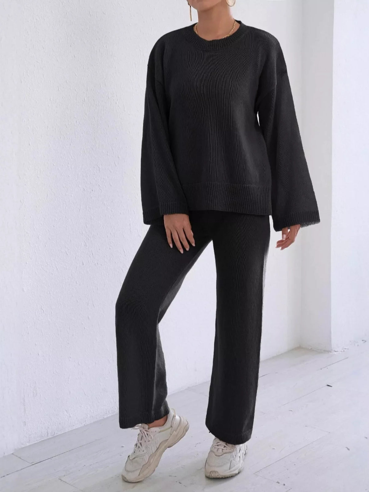 Dropped Shoulder Top and Pants Sweater Set