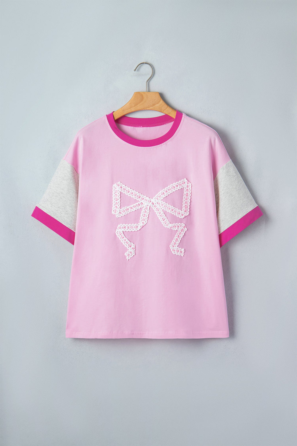 Gossamer Pink Embroidered Bow Detail Color Block Loose Tee