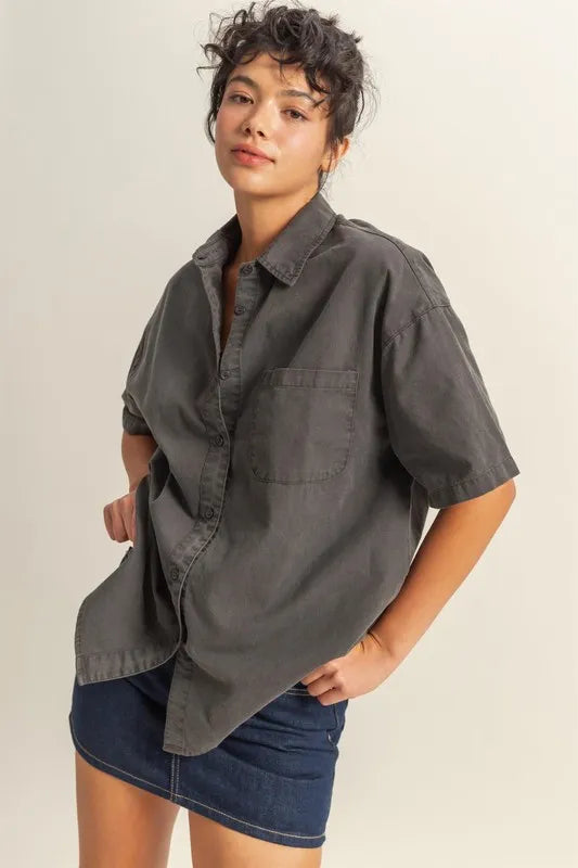 Oversized Short Sleeve Button-Down Shirt