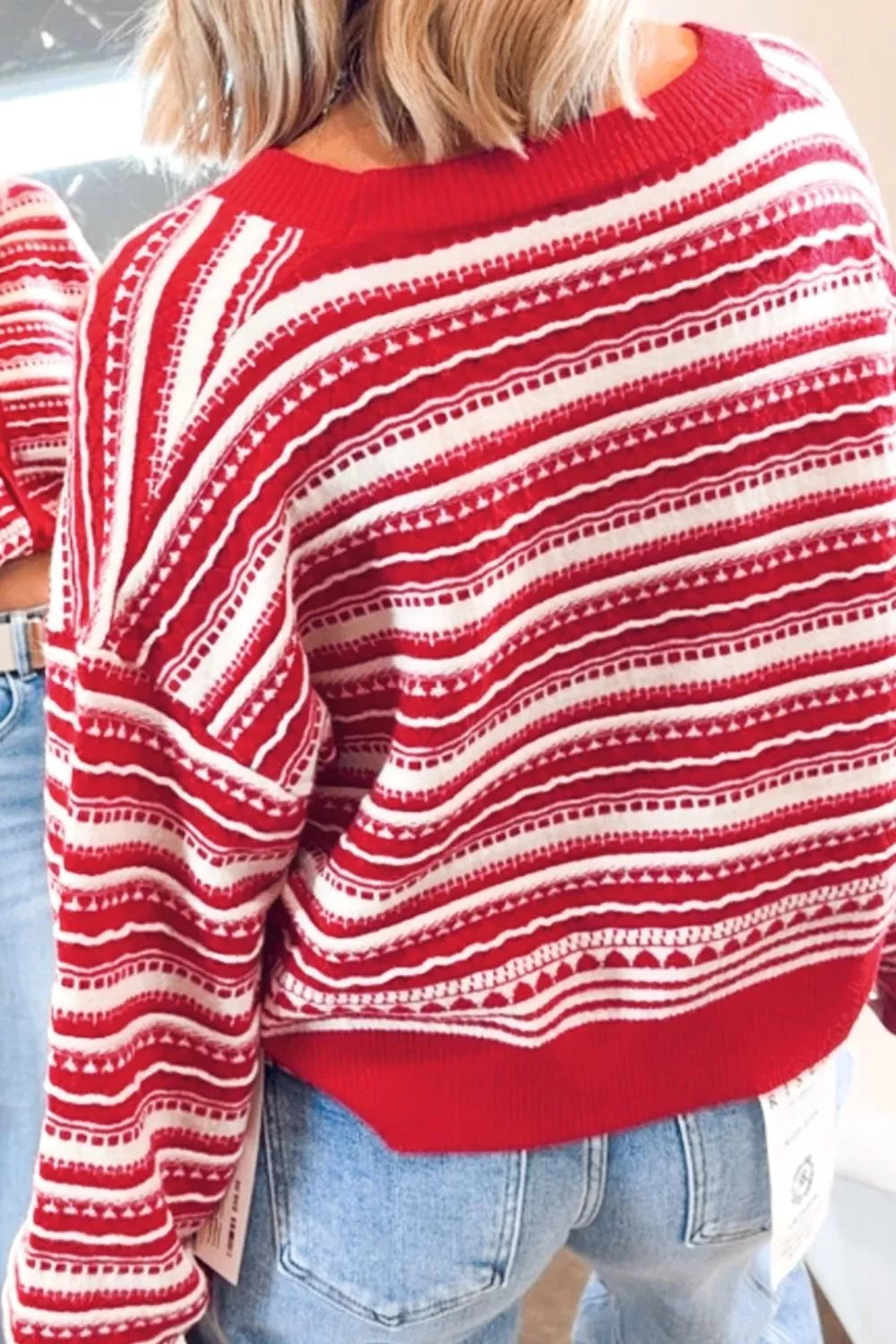 Geometric Striped Pattern V Neck Button Front Casual Knit Cardigan