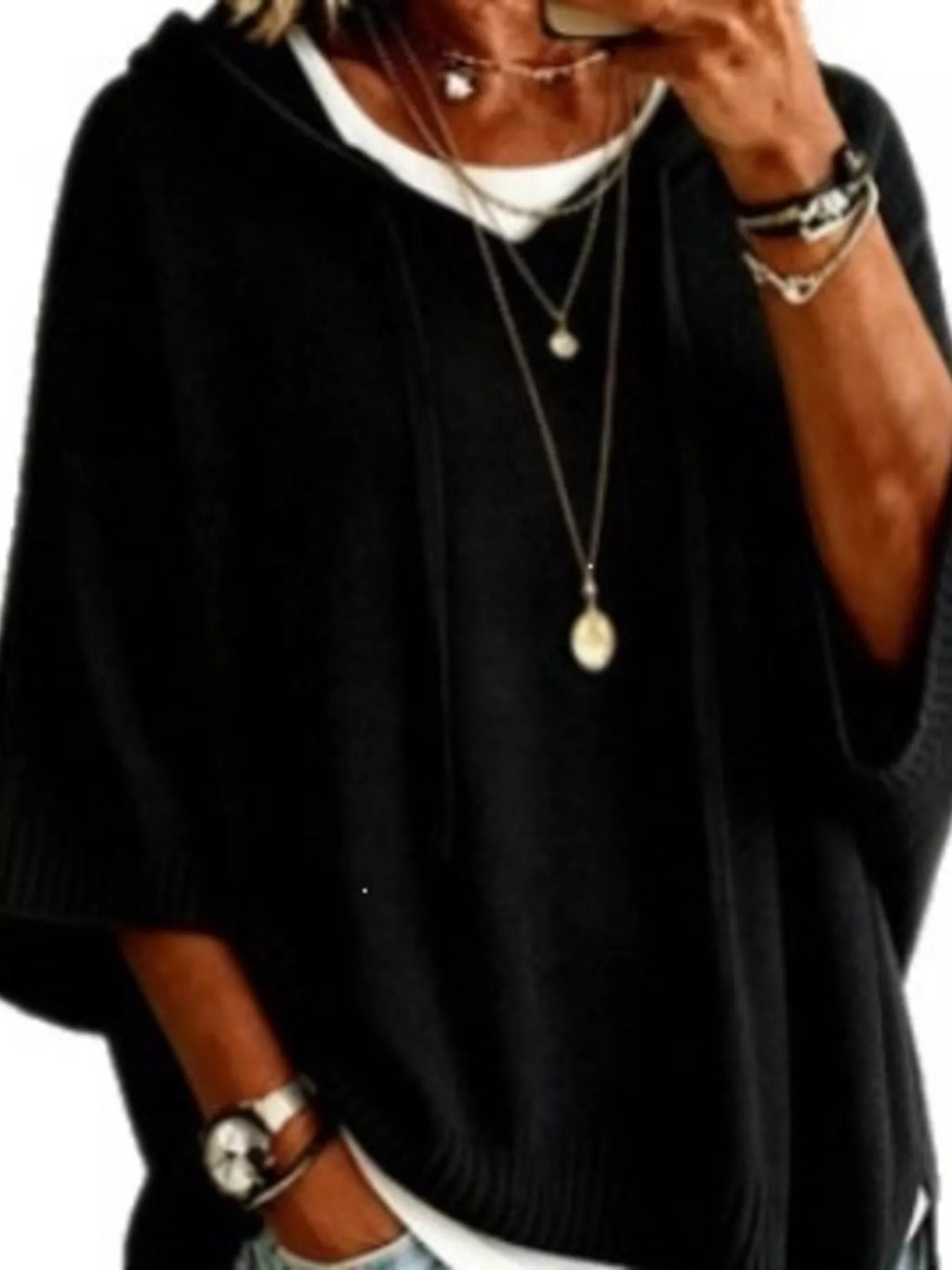 Casual Loose Fit Hooded Knit Sweater with Ribbed Hem