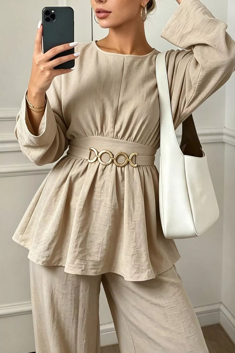 Metal Chain Waist Detail Top and Pants Set
