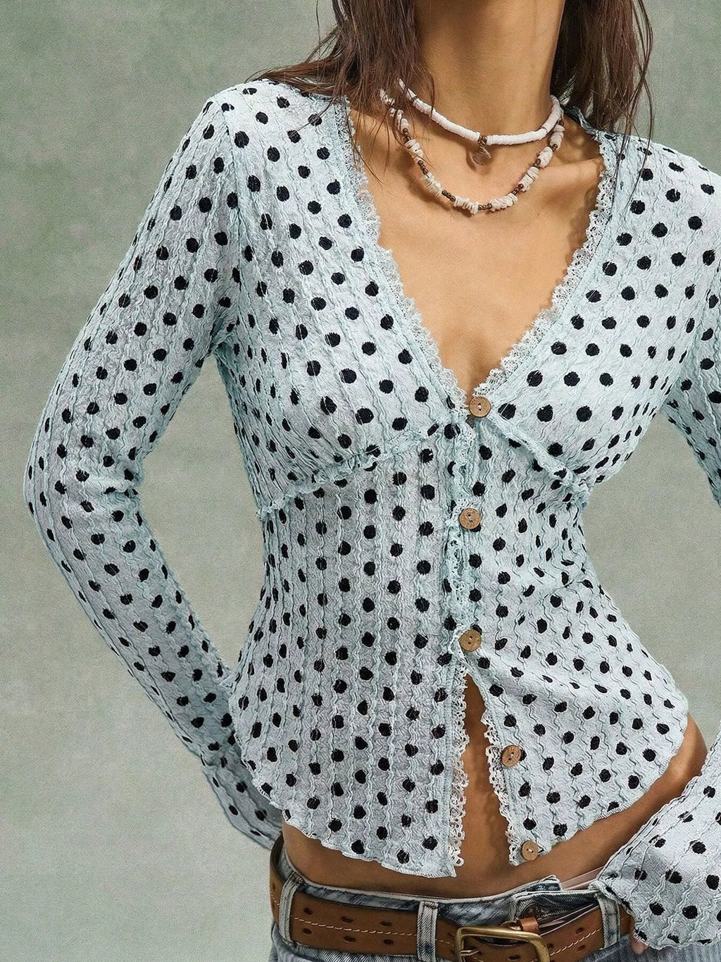 Polka Dot Button Down Textured Long Sleeve Blouse