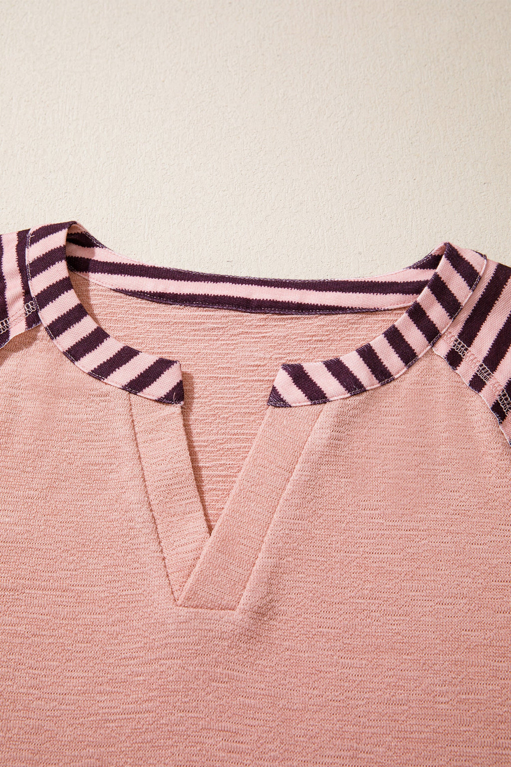 Light Pink V Neck Colorblock Patchwork Striped Floral Long Sleeve Casual Top