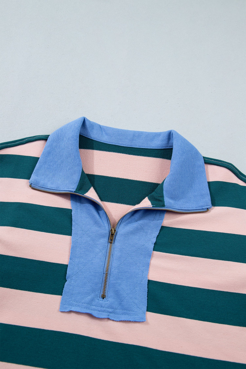 Green Stripe Quarter-Zip Metal Zipper Cover Stitch Hem Top