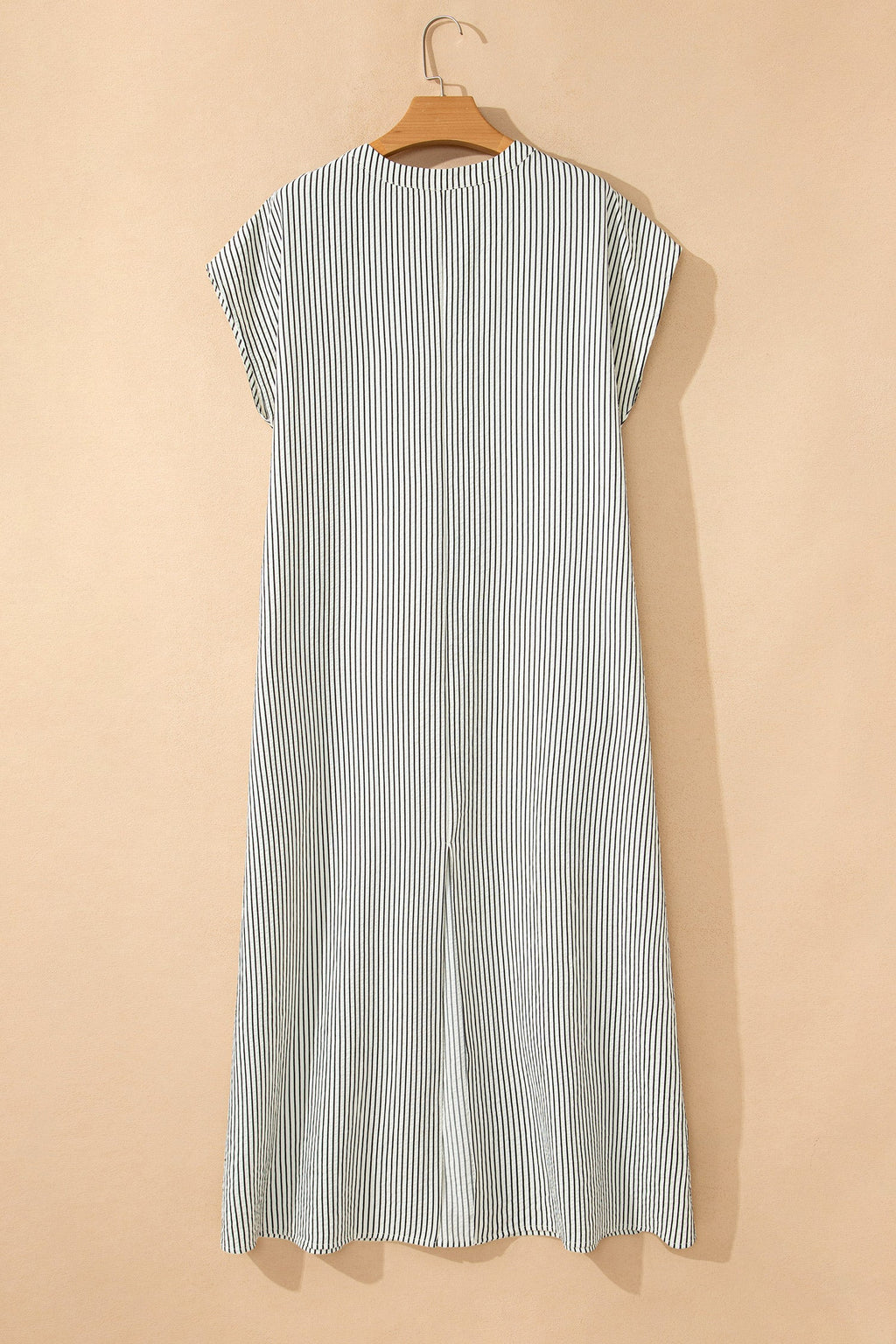 Black Stripe Frilled Detail Half Buttons Short Sleeve Long Dress