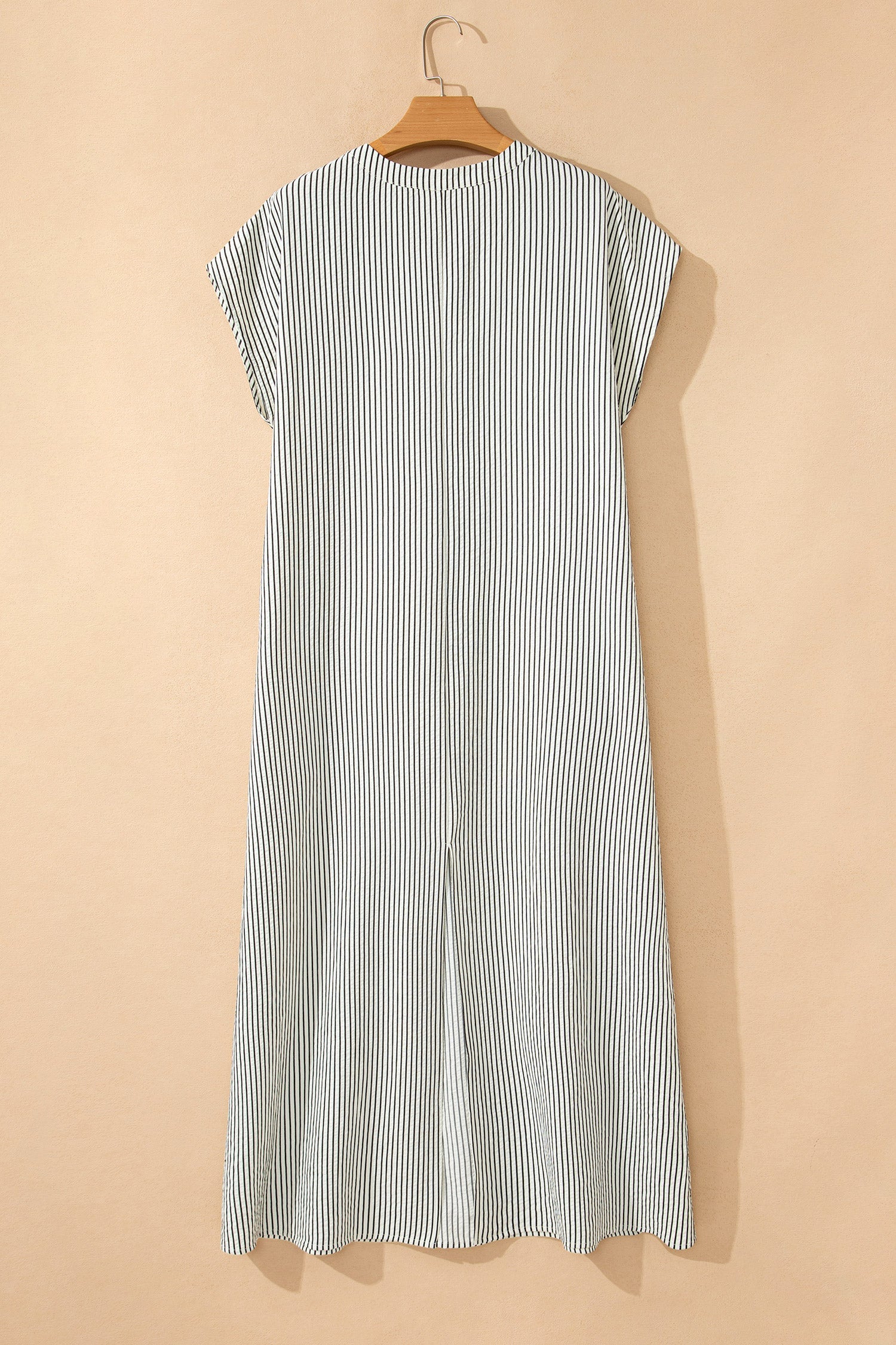 Black Stripe Frilled Detail Half Buttons Short Sleeve Long Dress