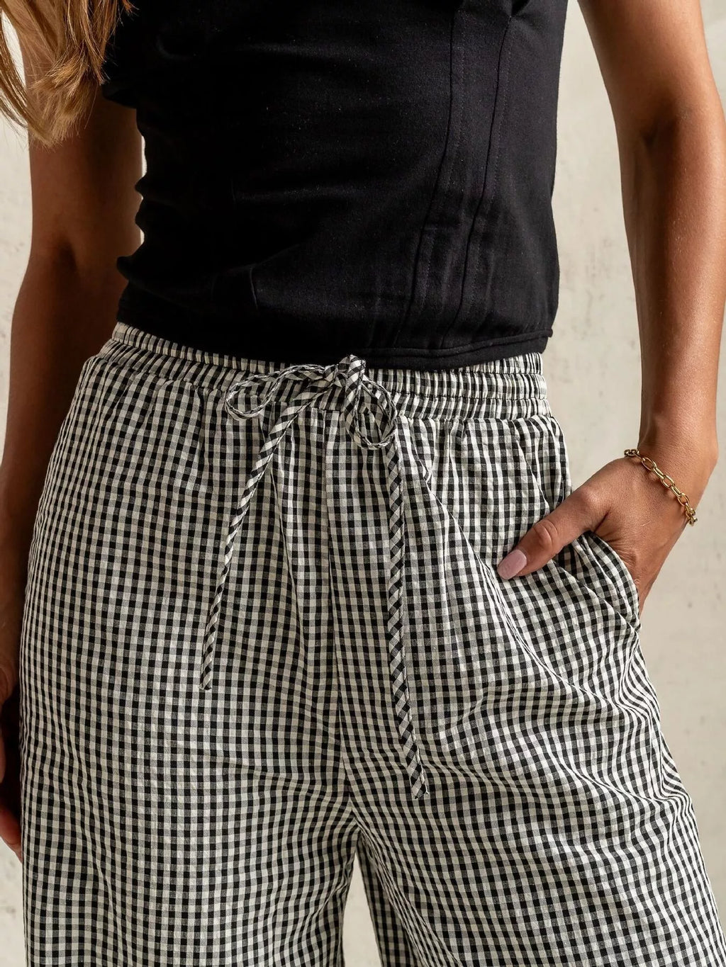 Gingham Wide-Leg Viscose Pants with Drawstring Waist and Pockets
