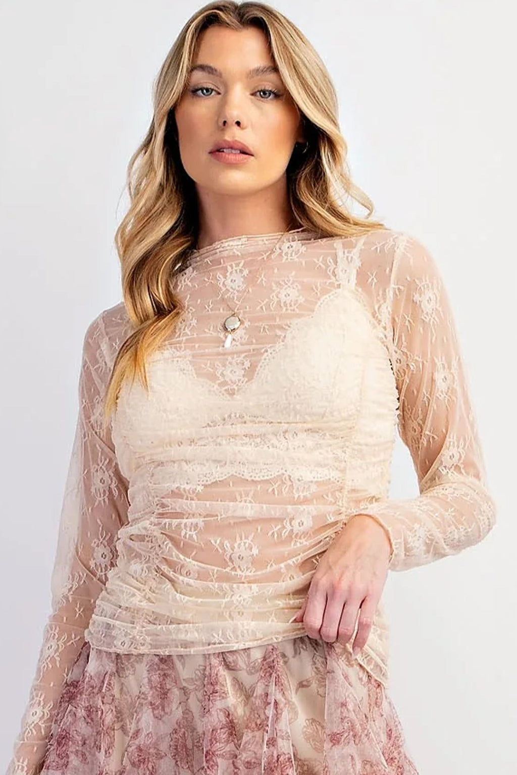 Jet Stream Sheer Floral Mesh Ruched Long Sleeve Top