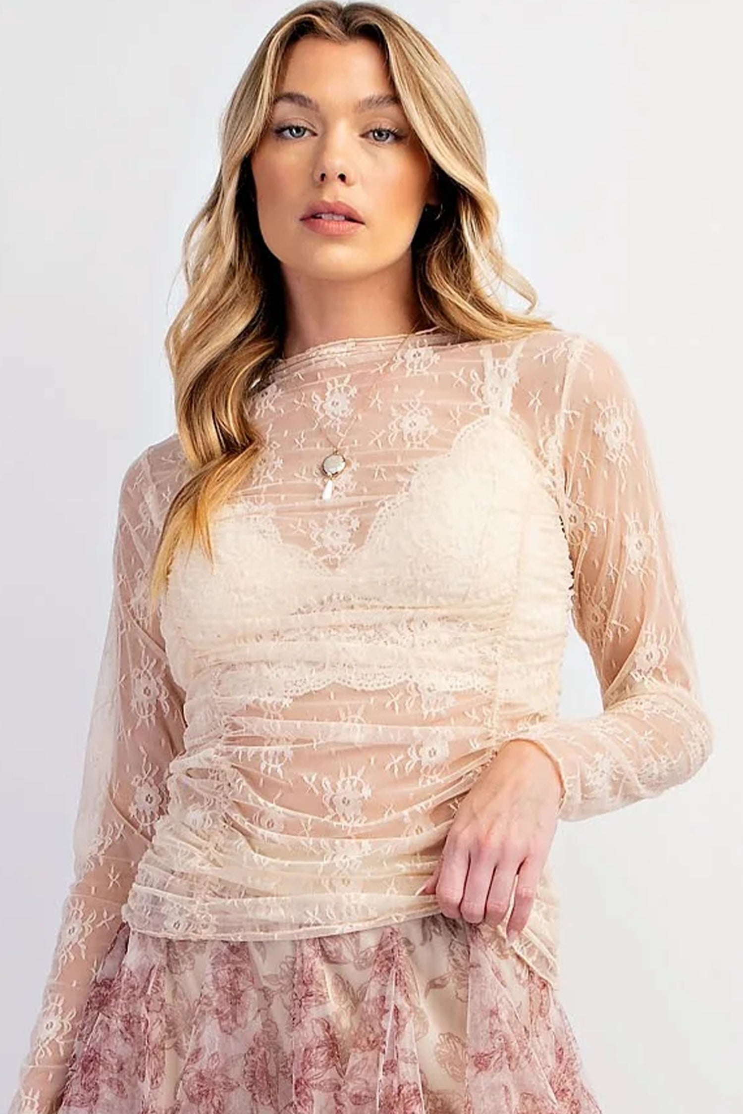Jet Stream Sheer Floral Mesh Ruched Long Sleeve Top