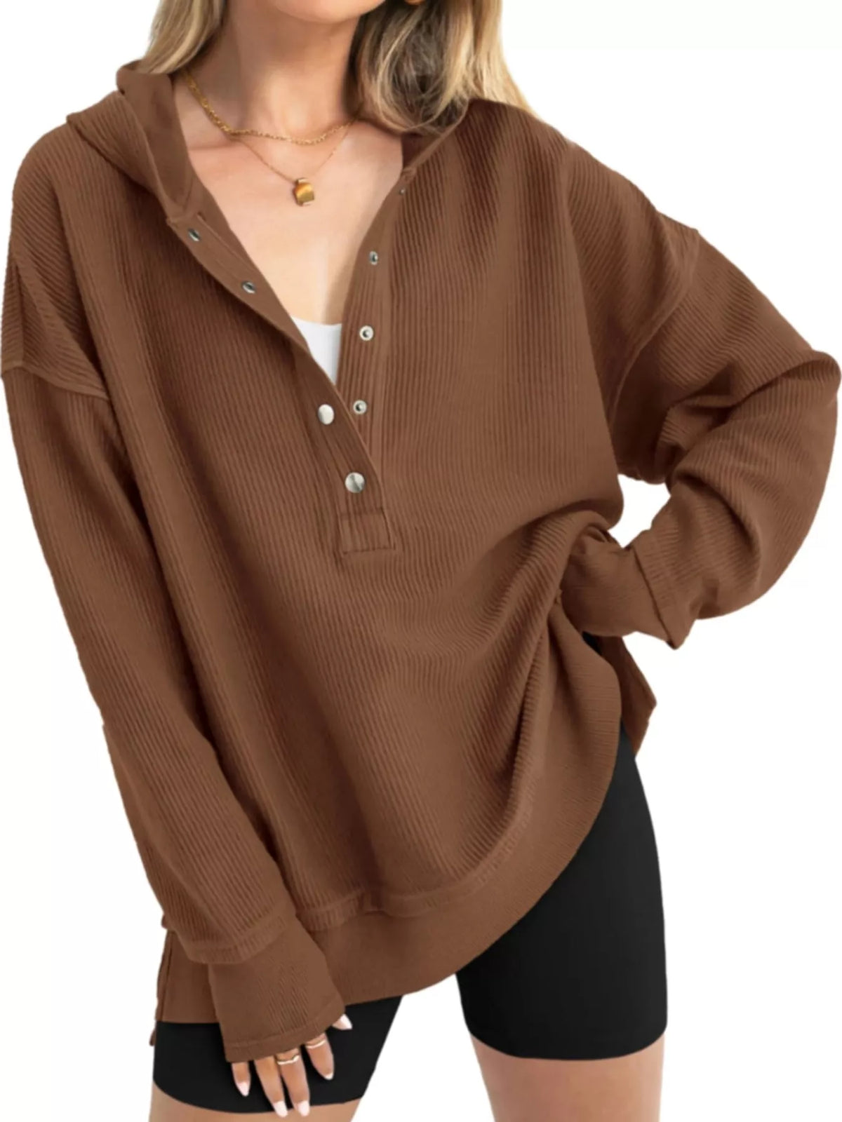 Full Size Snap Button Placket Dropped Shoulder Hoodie Plus Size