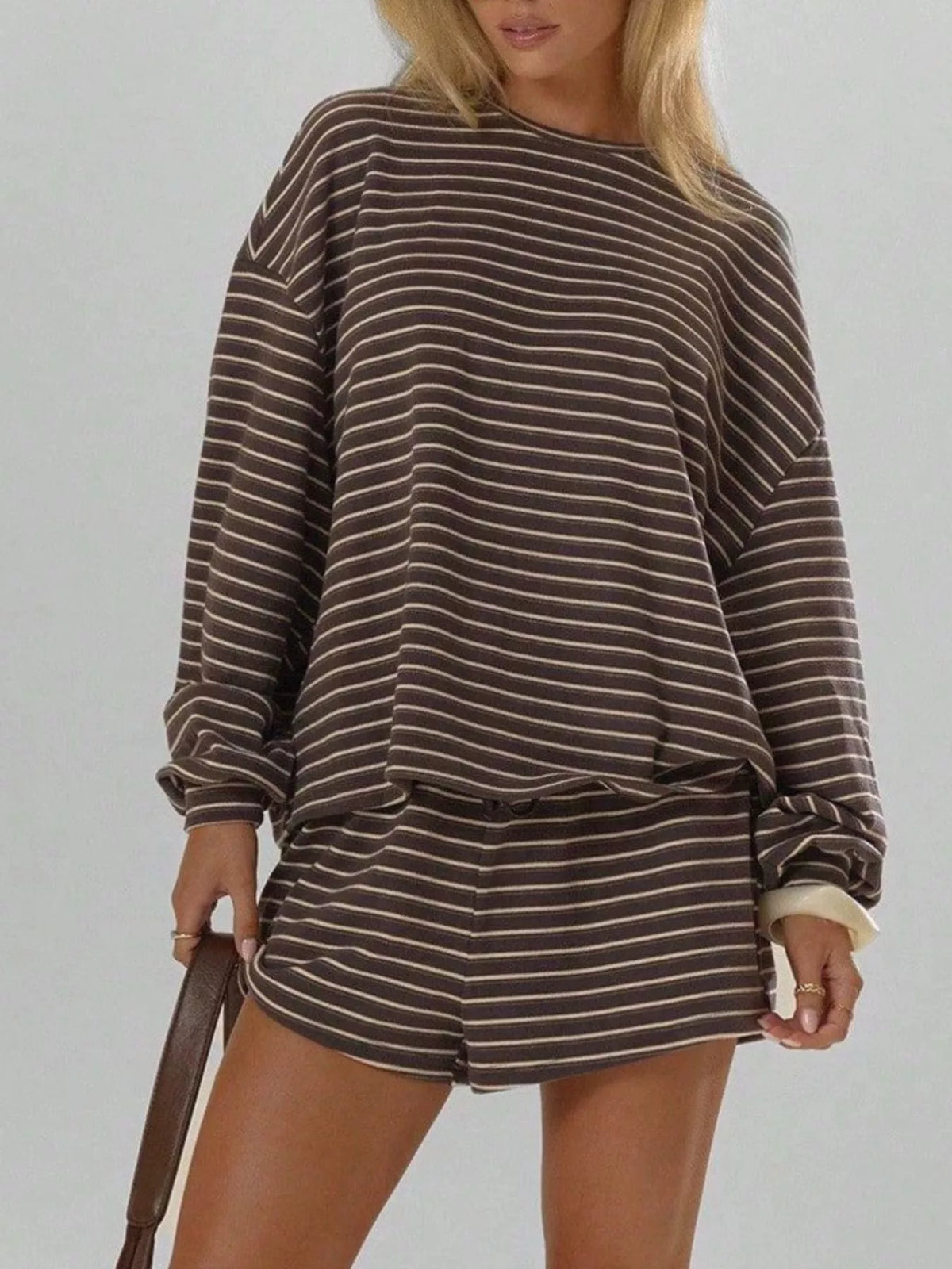 Casual Striped Long-Sleeve Top and Shorts Set