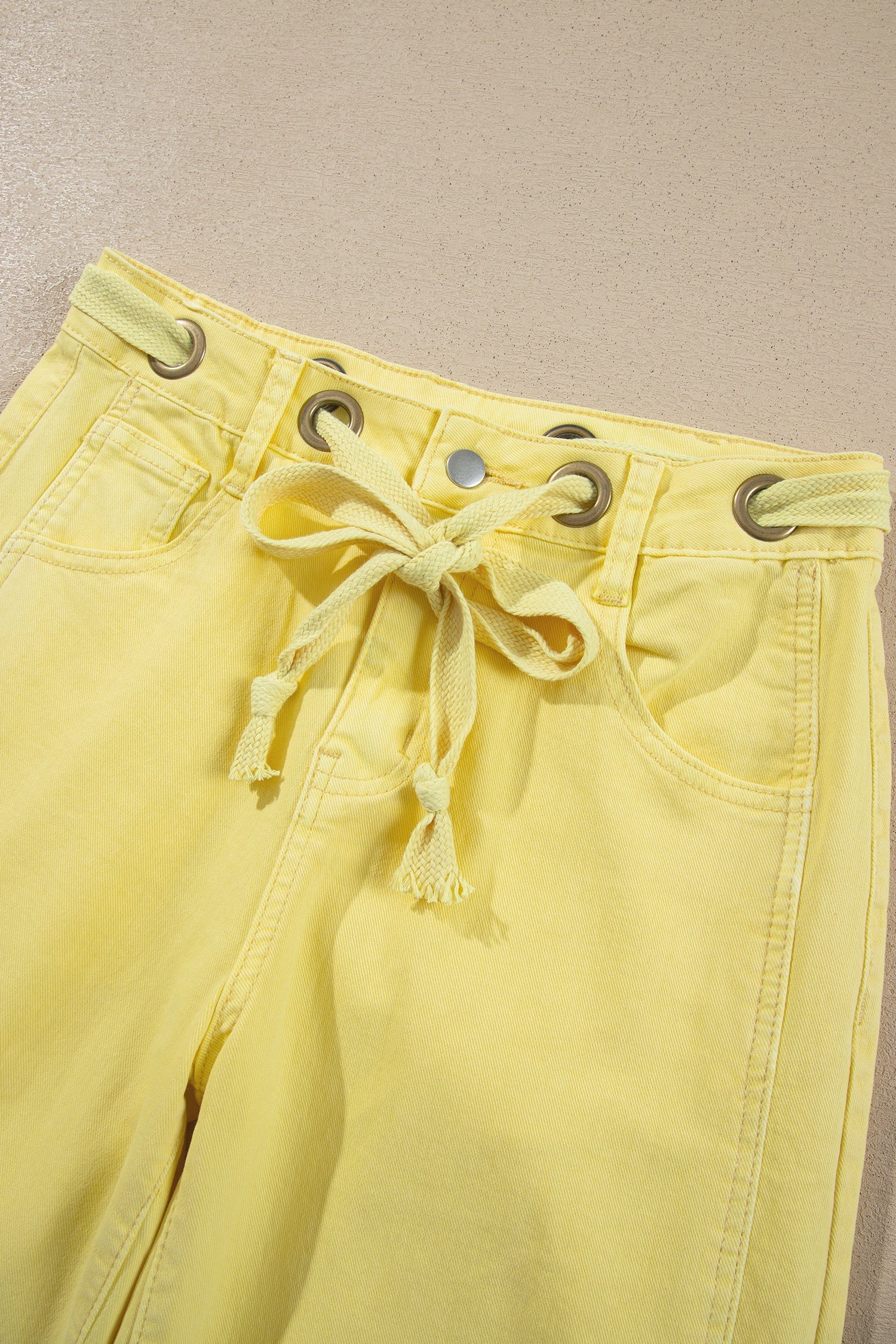 Light Pink Solid Color Grommet Detail Knot Waist Barrel Jeans