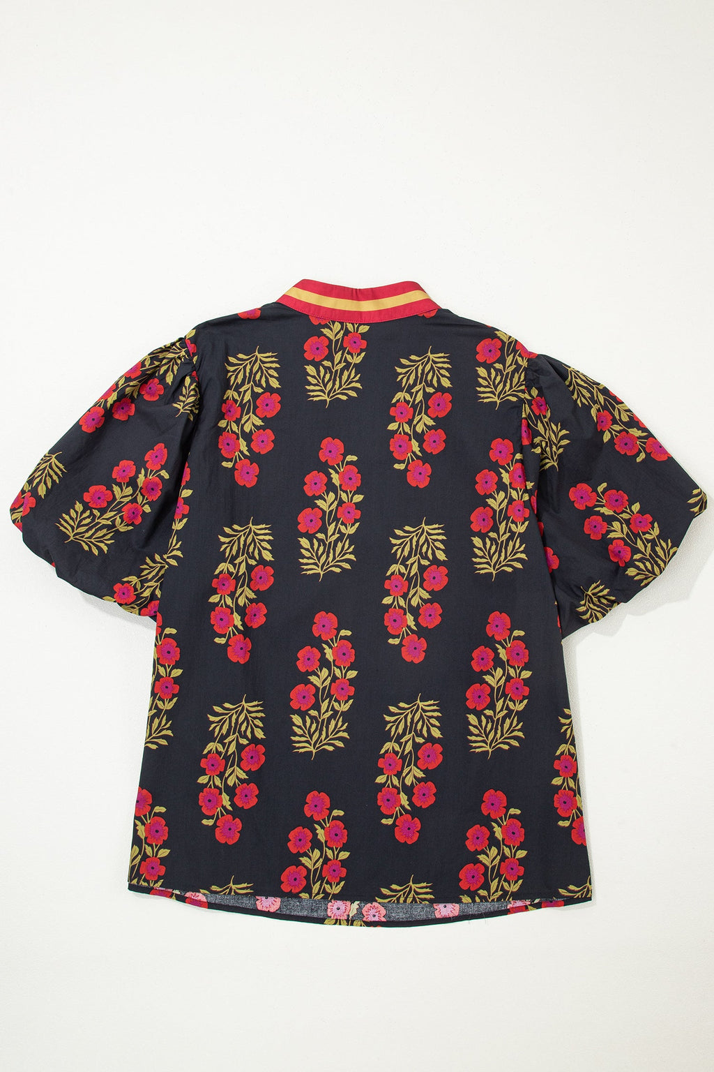Black Plus Size Floral Print Ricrac Striped Trim Short Sleeve Cotton Blouse