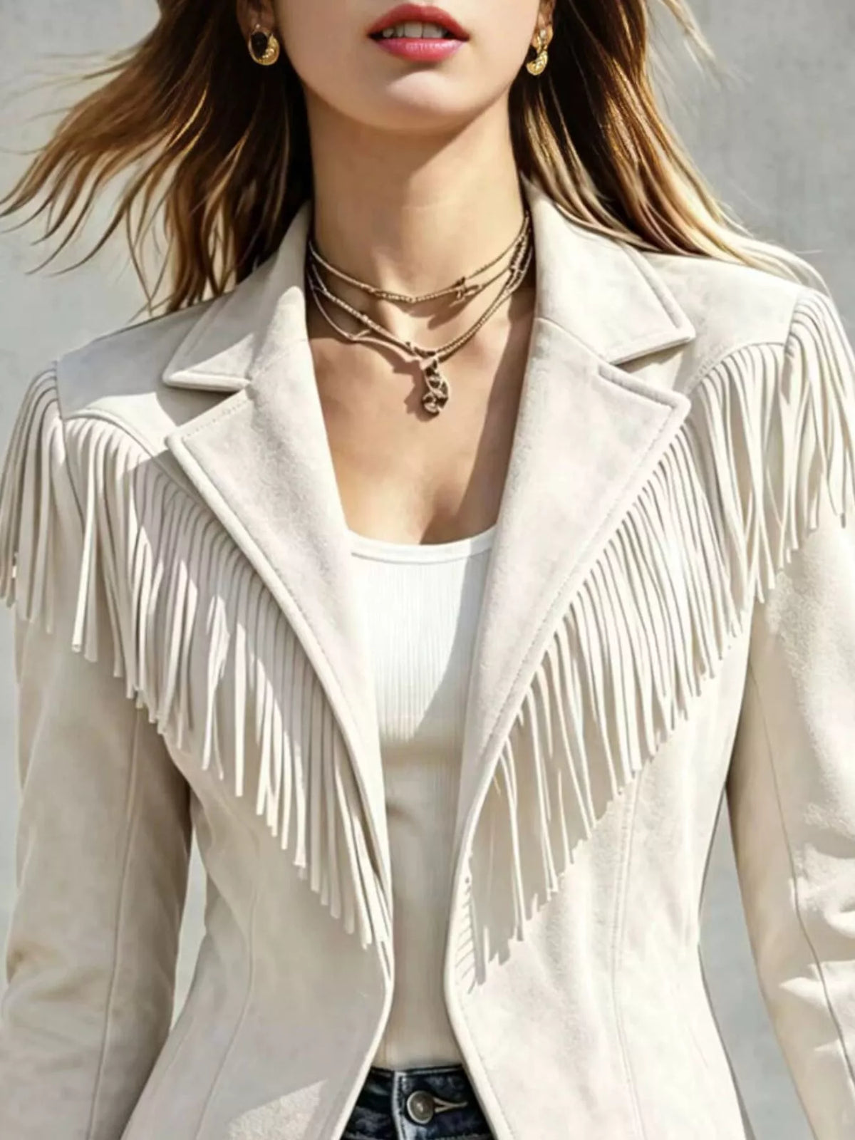 Western-Inspired Fringed Open Front Jacket